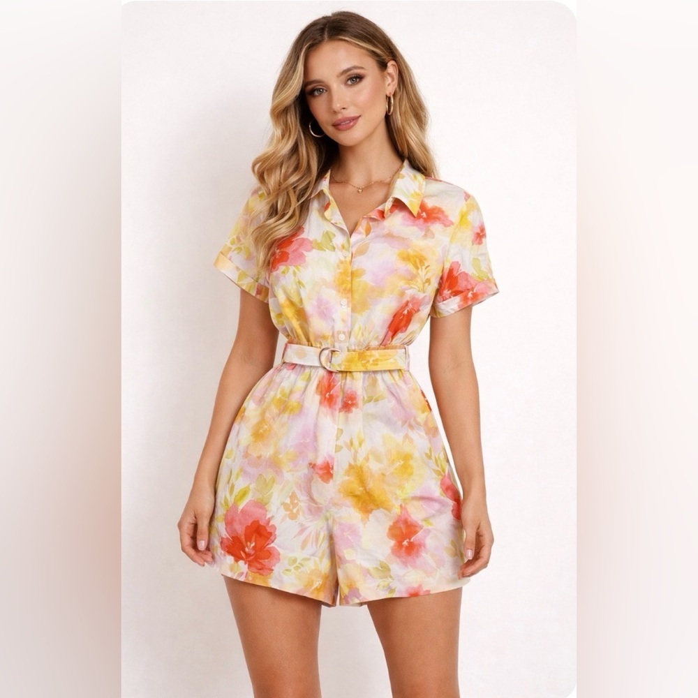 New KIVARI 100% Linen Romper Shorts Floral